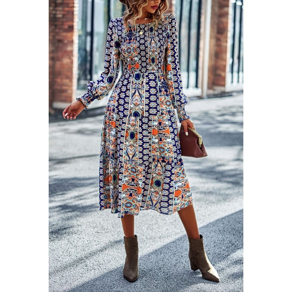 Patchwork Smocked Puff Sleeve Tiered Midi Dress - Picture 1 of 15